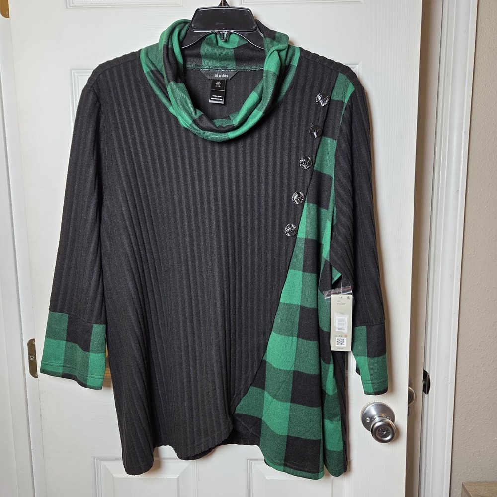 Ali Miles sz 2X green plaid tunic top NWT fall winter holiday artsy chic